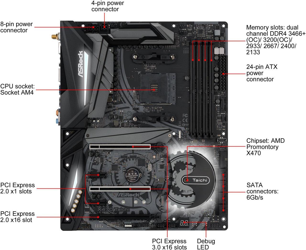Alt view image 9 of 11 - ASRock X470 Taichi AM4 AMD Ryzen 3000 Series CPU Ready ATX AMD Motherboard