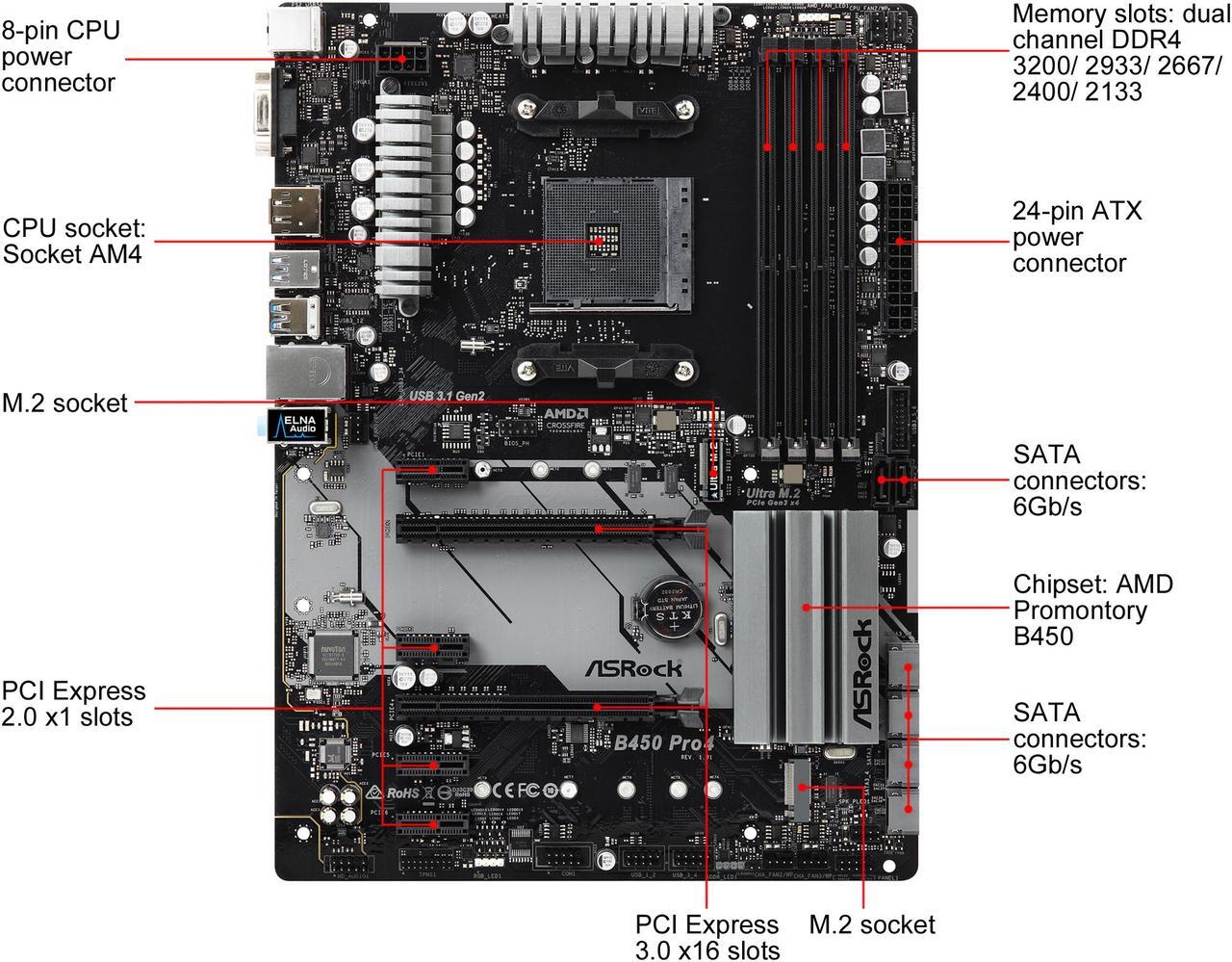 Alt view image 2 of 10 - ASRock B450 PRO4 AM4 AMD Promontory B450 ATX AMD Motherboard