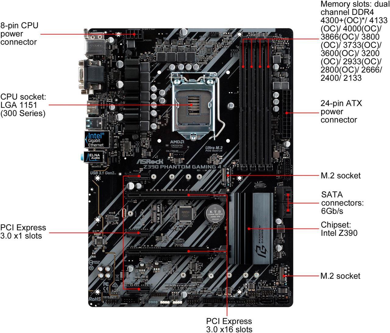 Alt view image 2 of 8 - ASRock Z390 Phantom Gaming 4 LGA 1151 (300 Series) Intel Z390 SATA 6Gb/s ATX Intel Motherboard