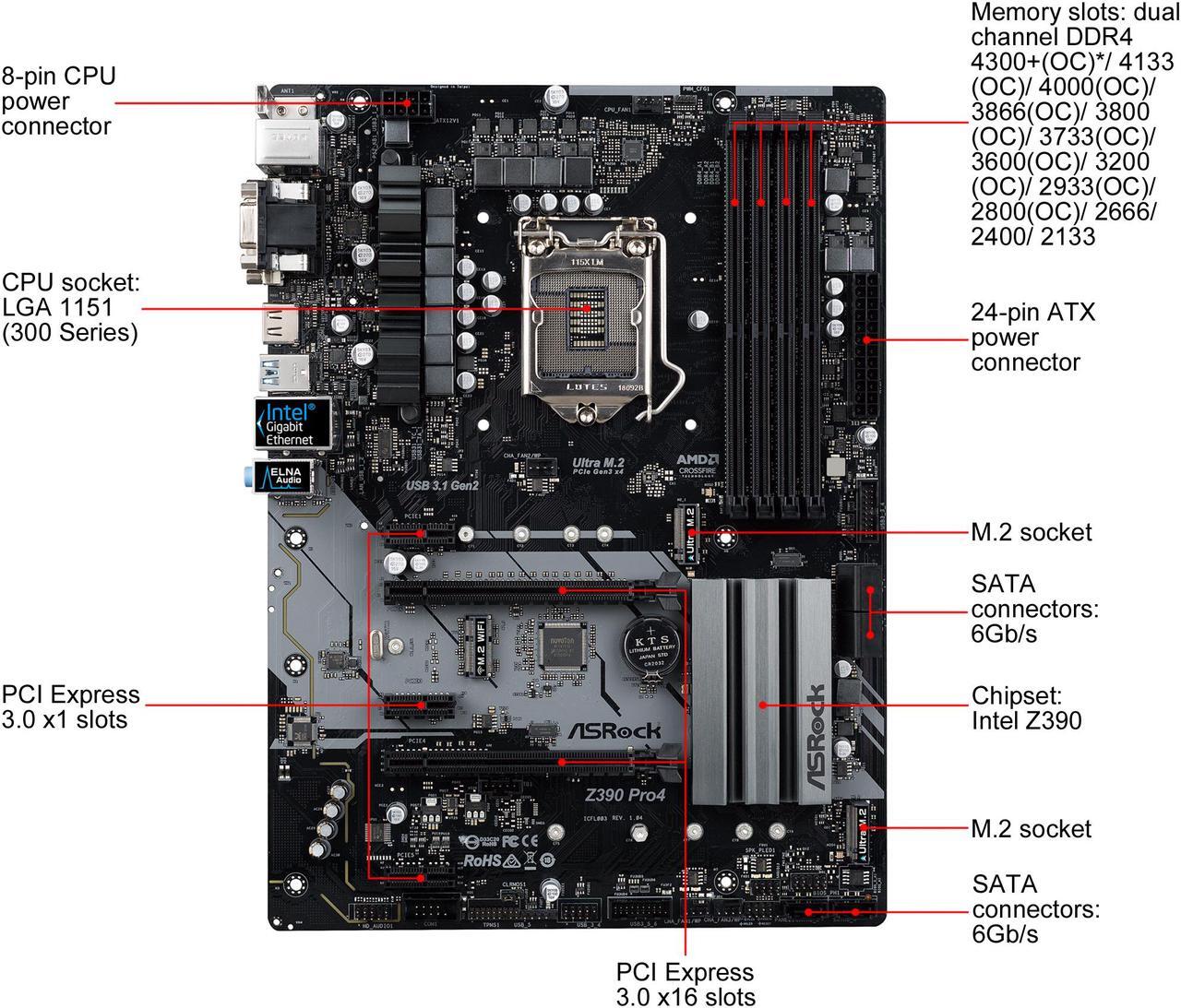 Alt view image 2 of 10 - ASRock Z390 Pro4 LGA 1151 (300 Series) Intel Z390 ATX Intel Motherboard