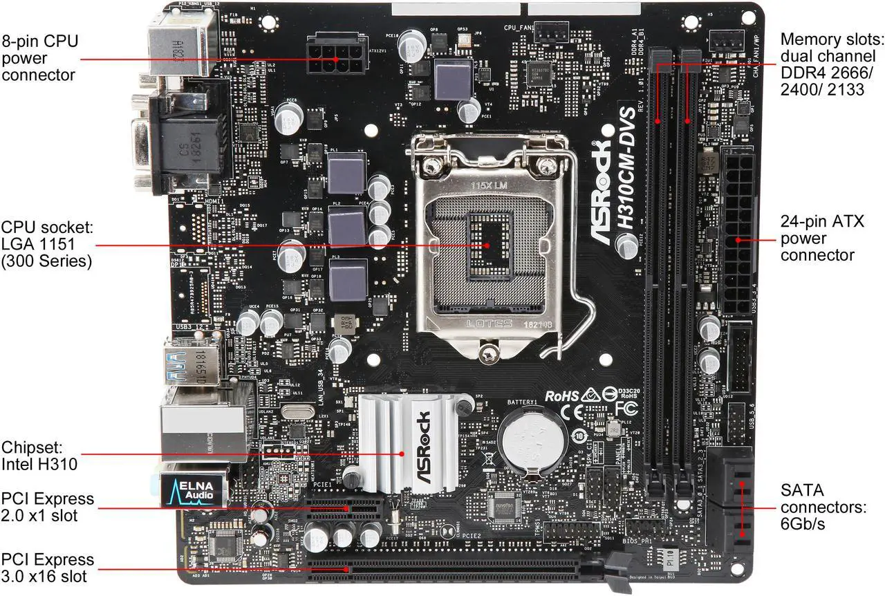 Alt view image 4 of 6 - ASRock H310CM-DVS LGA 1151 (300 Series) Intel H310 USB 3.1 Micro ATX Intel Motherboard