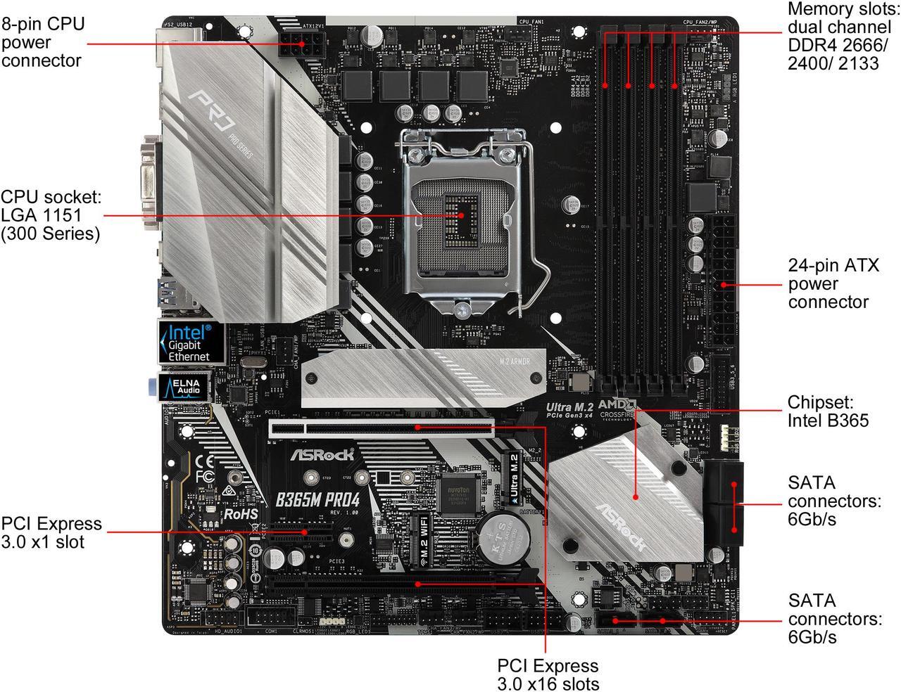 Alt view image 2 of 8 - ASRock B365M Pro4 LGA 1151 (300 Series) Intel B365 Micro ATX Intel Motherboard