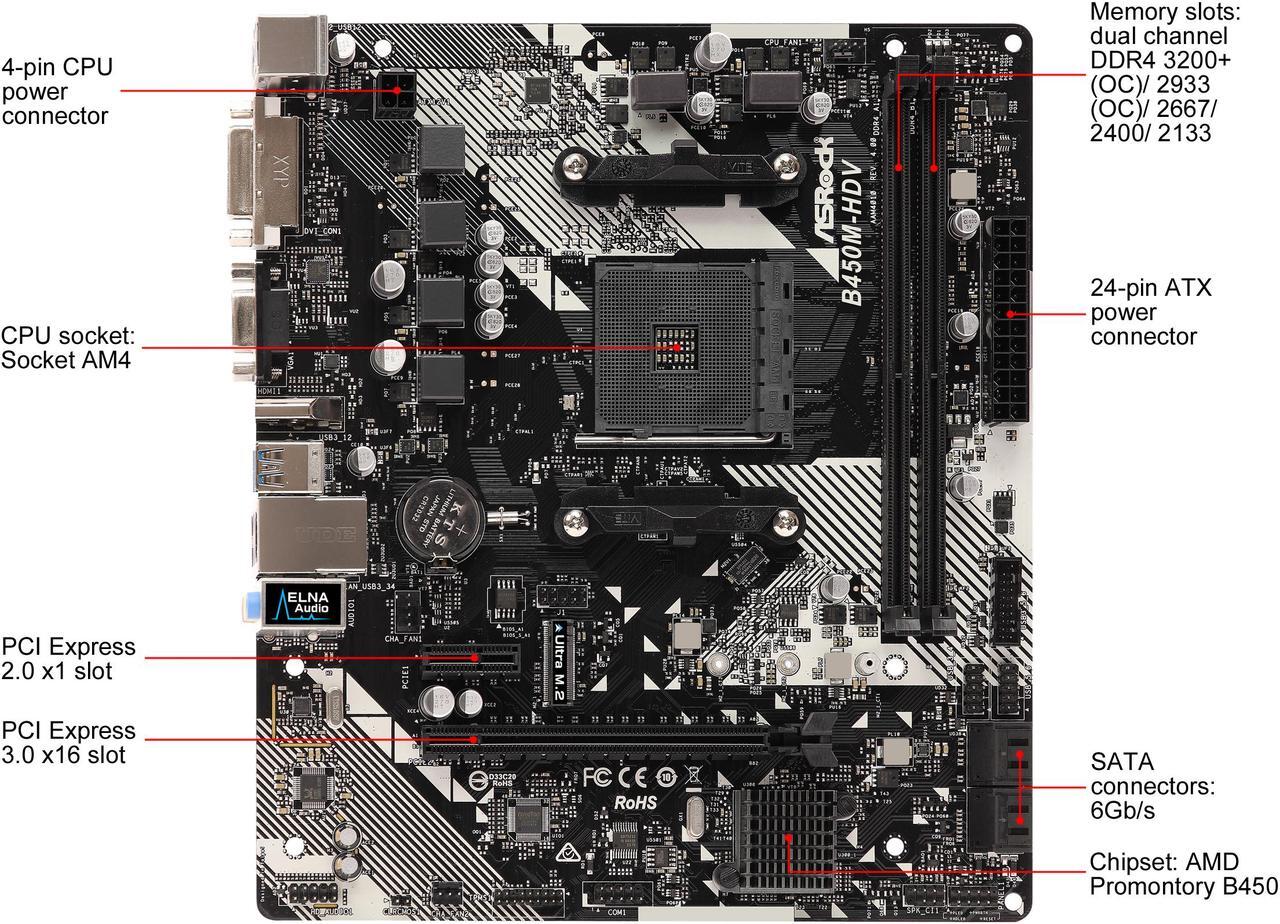 Alt view image 2 of 8 - ASRock B450M-HDV R4.0 AM4 AMD Promontory B450 Micro ATX AMD Motherboard