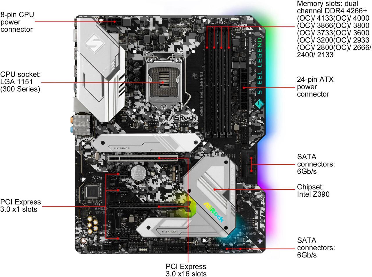 Alt view image 2 of 10 - ASRock Z390 STEEL LEGEND LGA 1151 (300 Series) Intel Z390 ATX Intel Motherboard