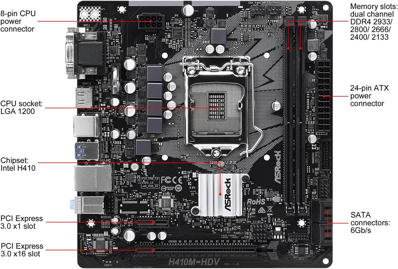 Alt view image 2 of 5 - ASRock H410M-HDV LGA 1200 Intel H410 Micro ATX Intel Motherboard