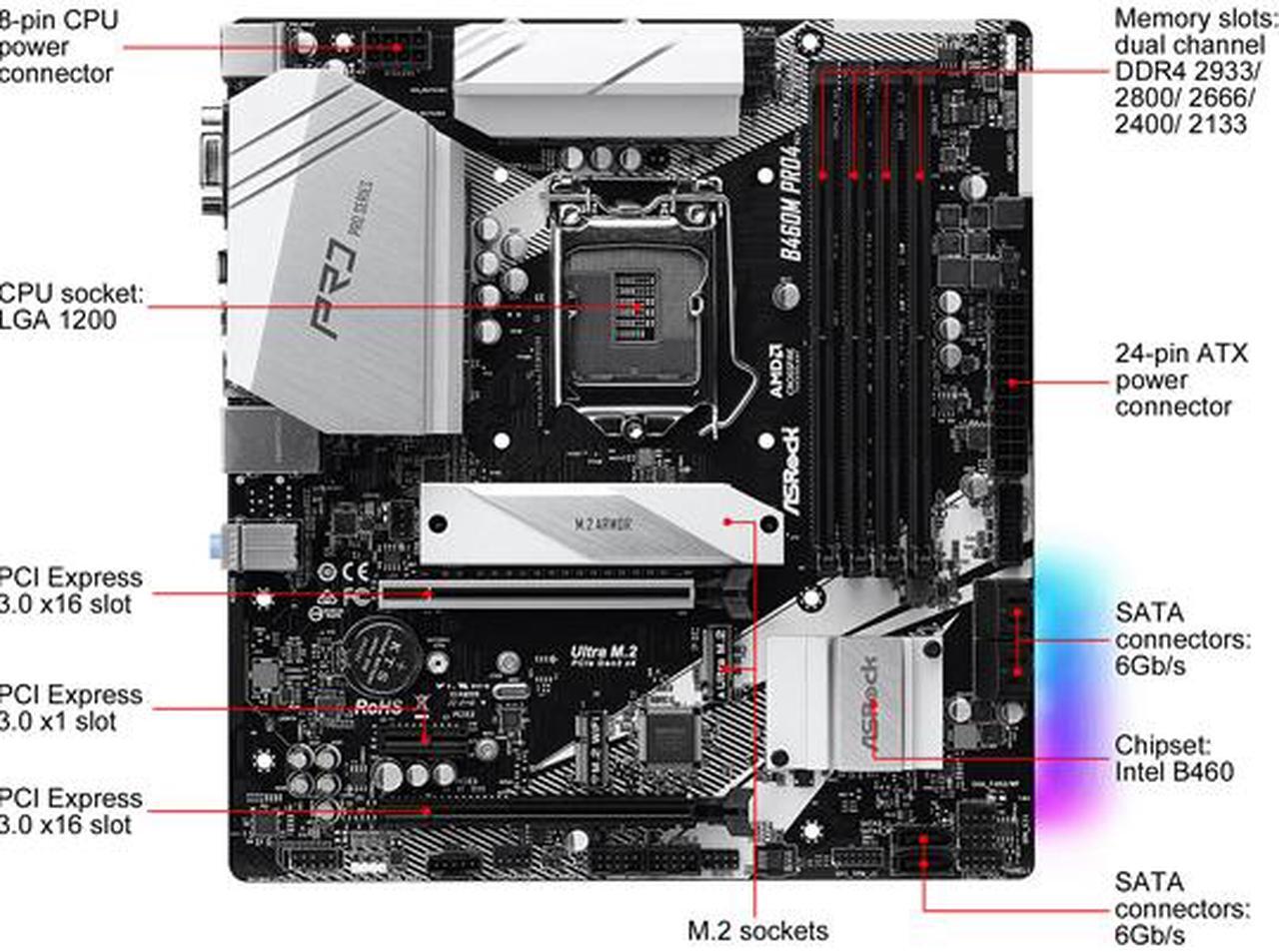 Alt view image 2 of 4 - ASRock B460M PRO4 LGA 1200 Intel B460 SATA 6Gb/s Micro ATX Intel Motherboard