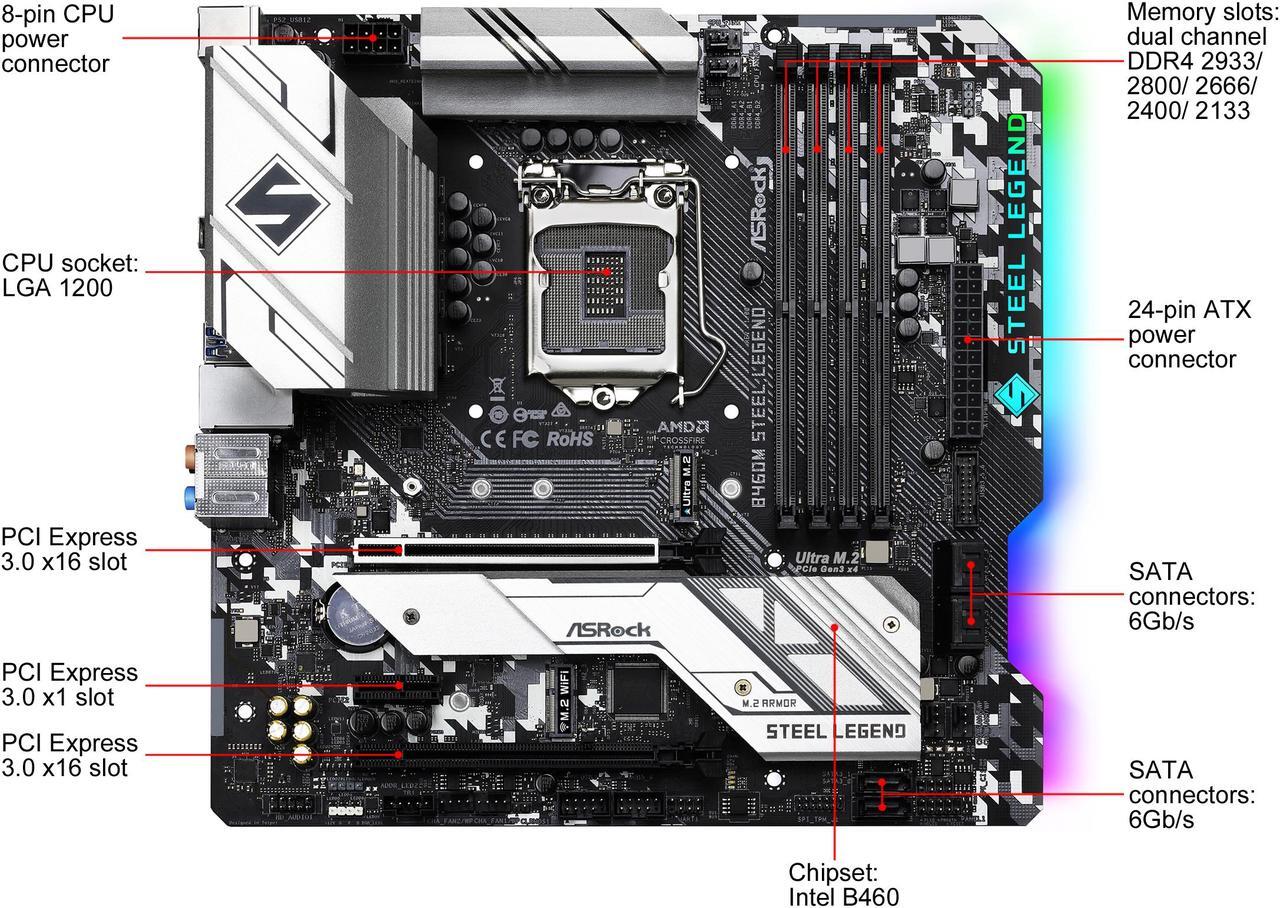Alt view image 2 of 10 - ASRock B460M STEEL LEGEND LGA 1200 Intel B460 Micro ATX Intel Motherboard