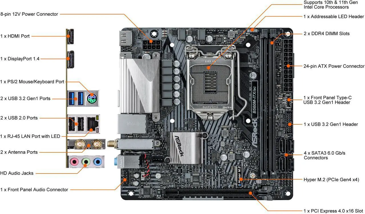 Alt view image 2 of 10 - ASRock B560M-ITX/AC LGA 1200 Intel B560 Mini ITX Intel Motherboard