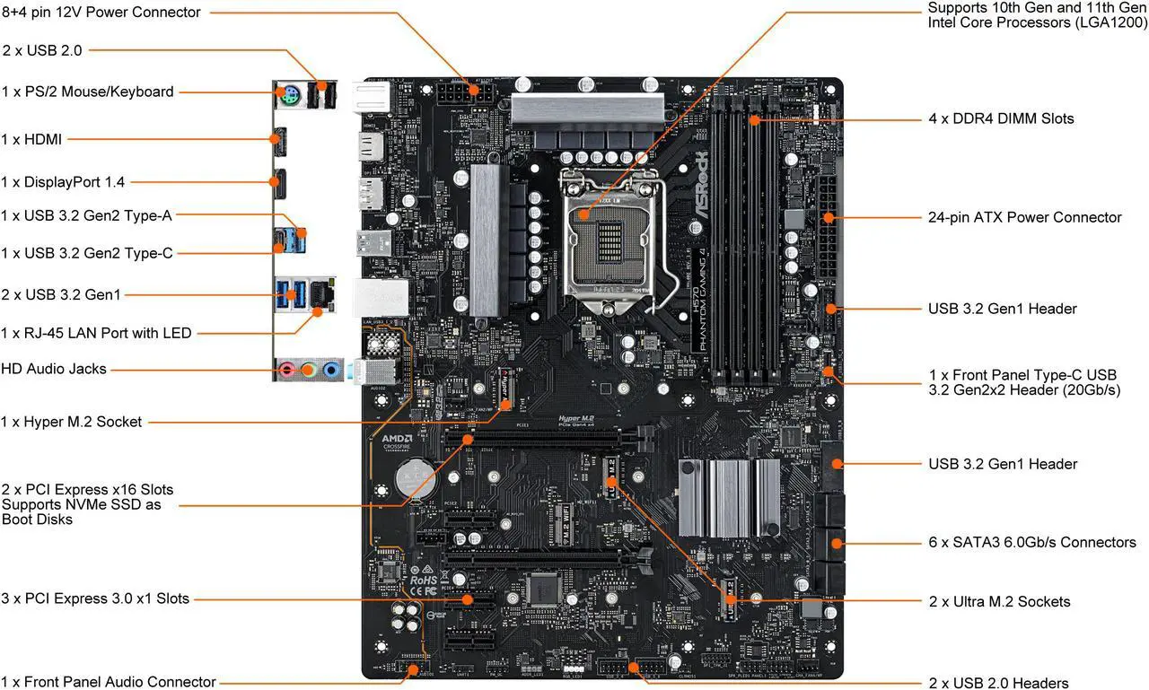 Alt view image 2 of 8 - ASRock H570 Phantom Gaming 4 LGA 1200 Intel H570 ATX Intel Motherboard