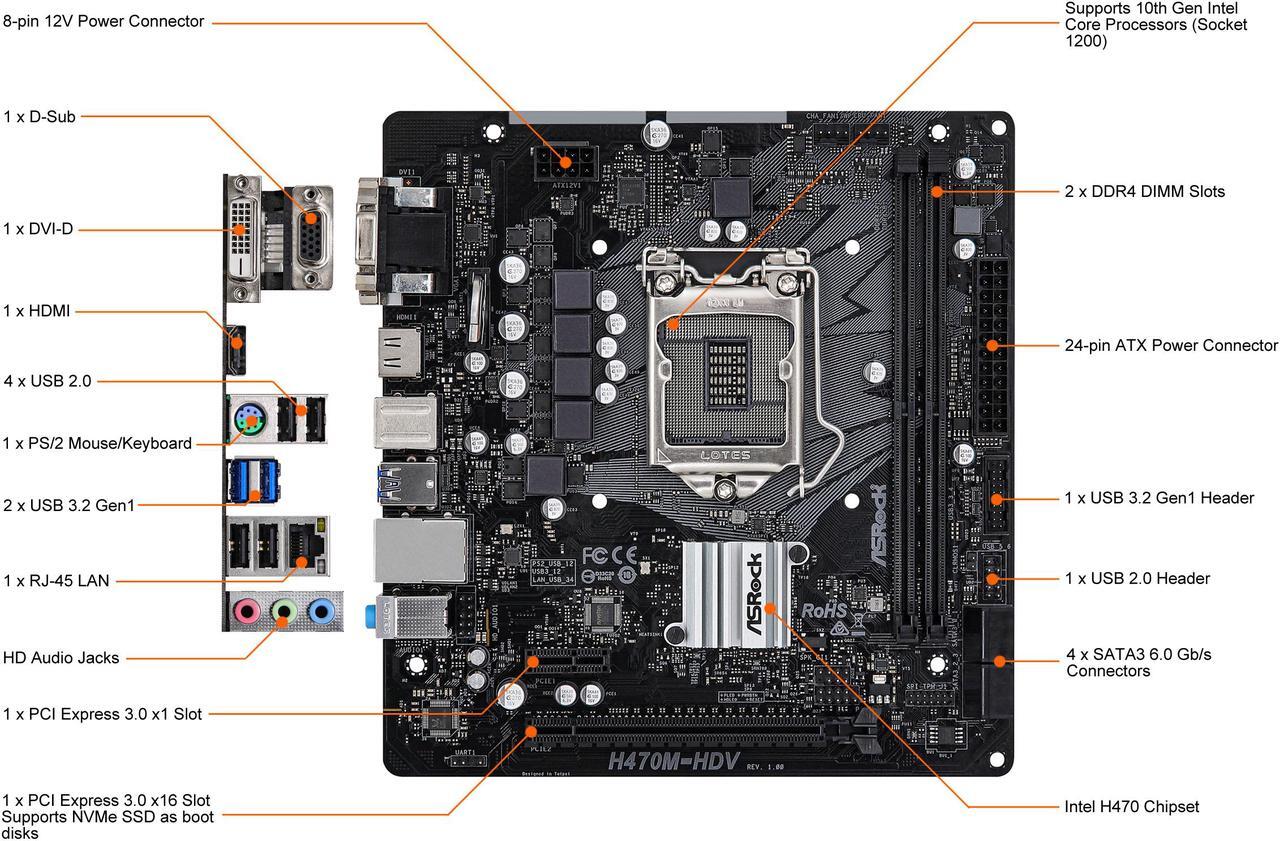 Alt view image 2 of 9 - ASRock H470M-HDV LGA 1200 Intel H470 Micro ATX Intel Motherboard