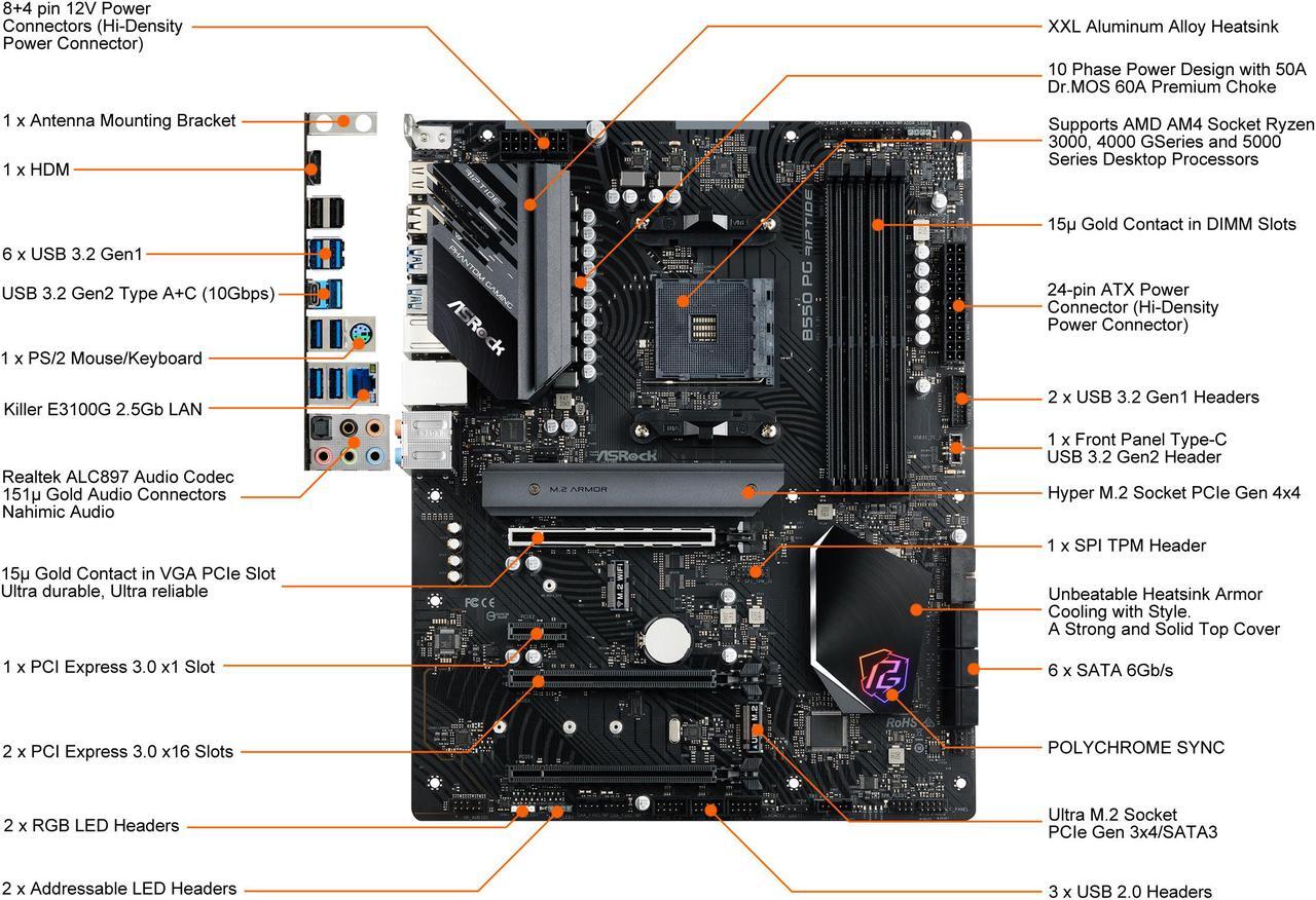 Alt view image 2 of 11 - ASRock B550 PG RIPTIDE AM4 AMD B550 ATX AMD Motherboard