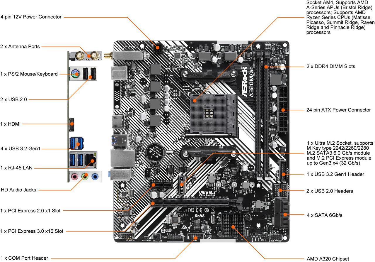 Alt view image 2 of 9 - ASRock A320M/AC AM4 AMD A320 Micro ATX AMD Motherboard