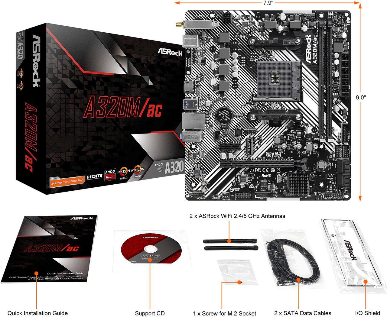 Alt view image 8 of 9 - ASRock A320M/AC AM4 AMD A320 Micro ATX AMD Motherboard