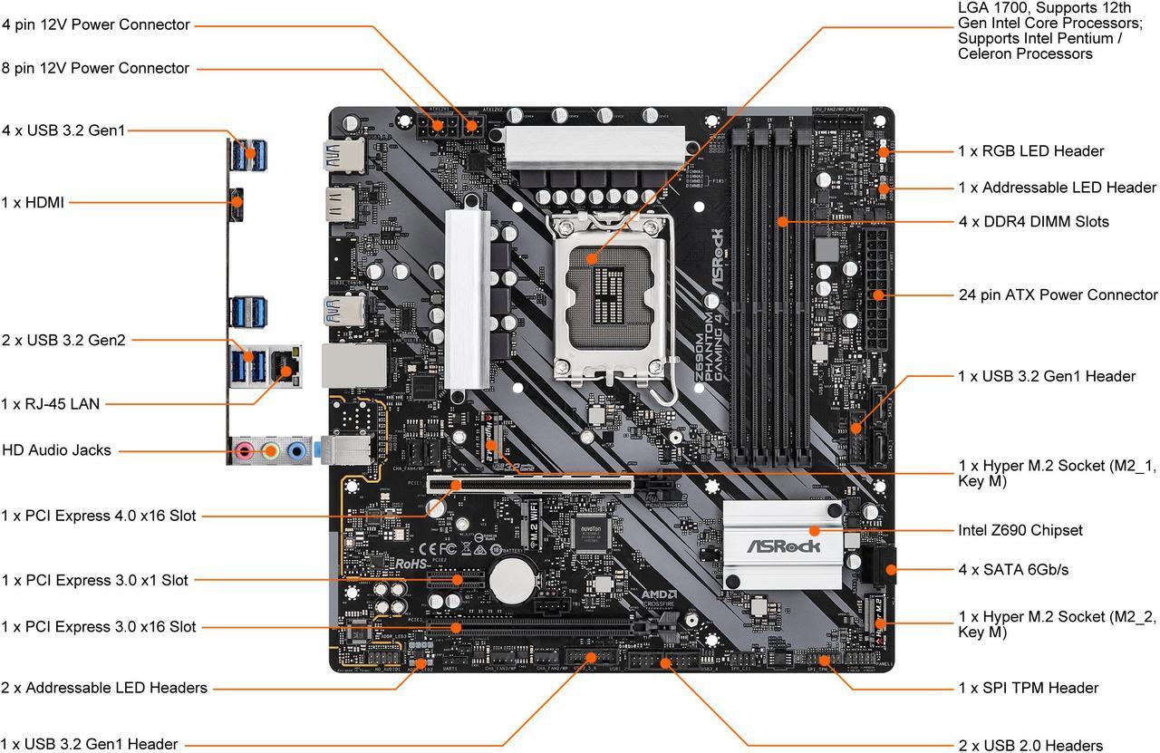 Alt view image 4 of 9 - ASRock Z690M Phantom Gaming 4 LGA 1700 (14th,13th,12th Gen) Intel Z690 SATA 6Gb/s DDR4 Micro ATX Intel Motherboard