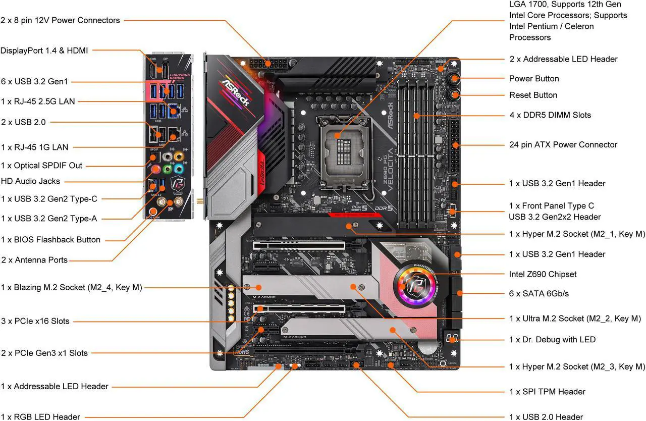 Alt view image 4 of 7 - ASRock Z690 PG Velocita LGA 1700 (14th,13th,12th Gen) Intel Z690 SATA 6Gb/s DDR5 ATX Intel Motherboard
