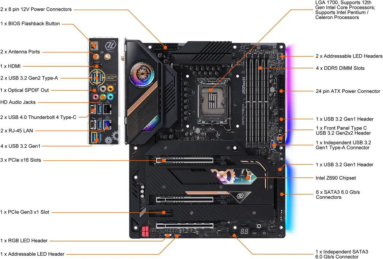 Alt view image 3 of 13 - ASRock Z690 Taichi LGA 1700 Intel Z690 SATA 6Gb/s DDR5 ATX Intel Motherboard