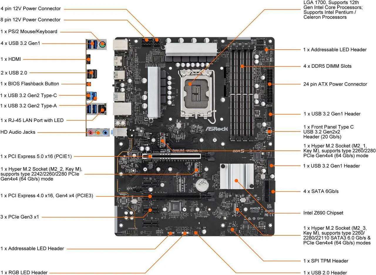 Alt view image 5 of 10 - ASRock Z690 Phantom Gaming 4/D5 LGA 1700 (14th,13th,12th Gen) DDR5 ATX Intel Z690 Intel Motherboard