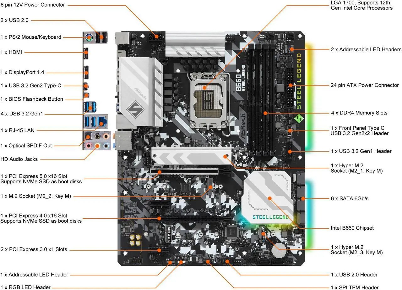 Alt view image 2 of 9 - ASRock B660 STEEL LEGEND LGA 1700 Intel B660 SATA 6Gb/s DDR4 ATX Intel Motherboard