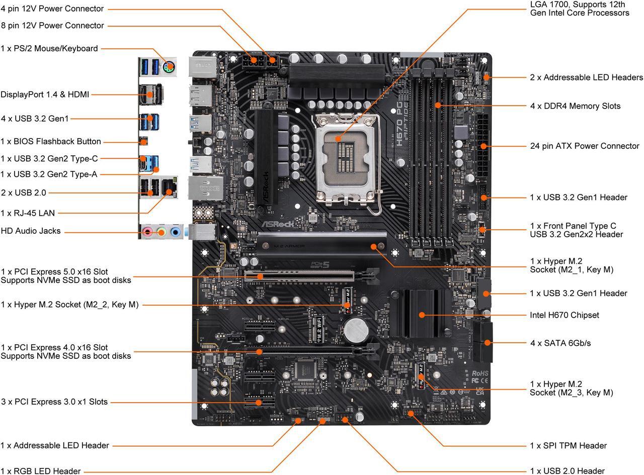 Alt view image 2 of 10 - ASRock H670 PG RIPTIDE LGA 1700 Intel H670 SATA 6Gb/s DDR4 ATX Motherboard