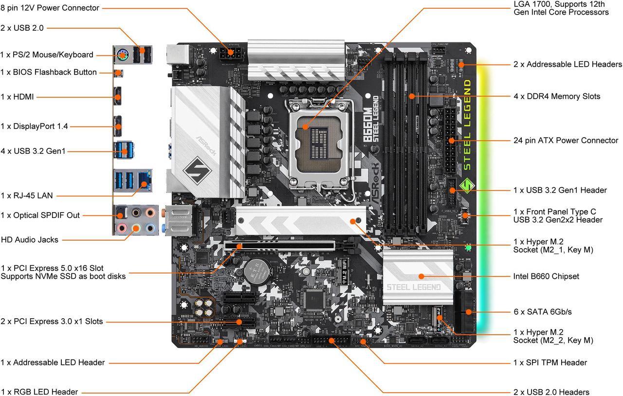 Alt view image 2 of 9 - ASRock B660M STEEL LEGEND LGA 1700 Intel B660 SATA 6Gb/s DDR4 Micro ATX Motherboard