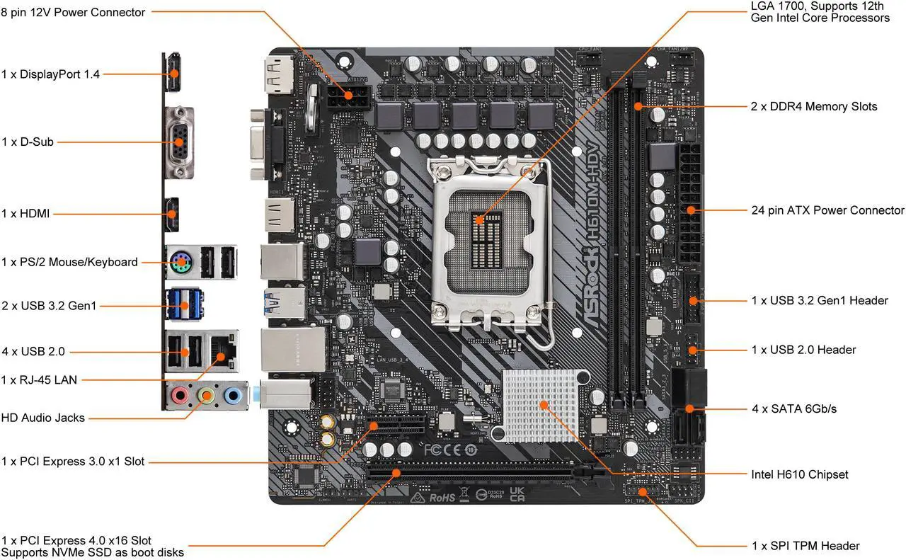 Alt view image 2 of 9 - ASRock H610M-HDV LGA 1700 Intel H610 SATA 6Gb/s DDR4 Micro ATX Motherboard