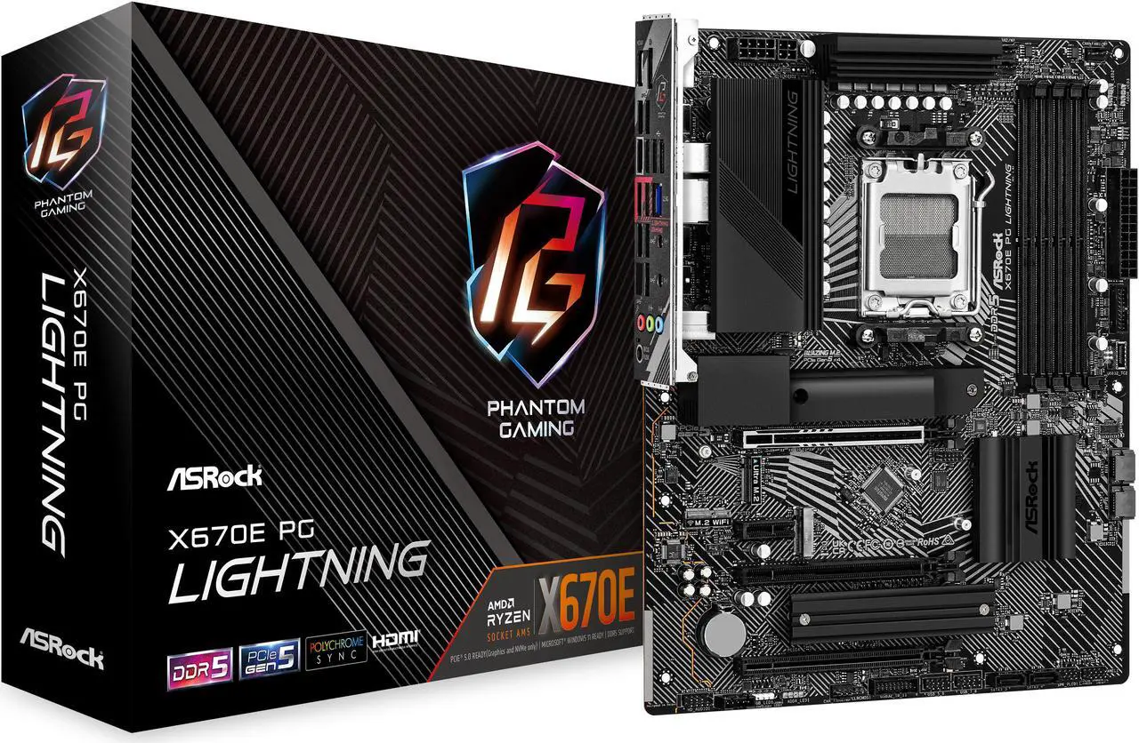 Main image of ASRock X670E PG Lightning AM5 ATX Motherboard. 4xDDR5 slots, PCIE 5.0X16, AMD Cross Fire, Quad M.2 slots, 2.5GB LAN, 7.1 HD audio, HDMI, DP 1.4 ports, USB3.2 Gen2x2 Type-C, 8 Layer PCB.