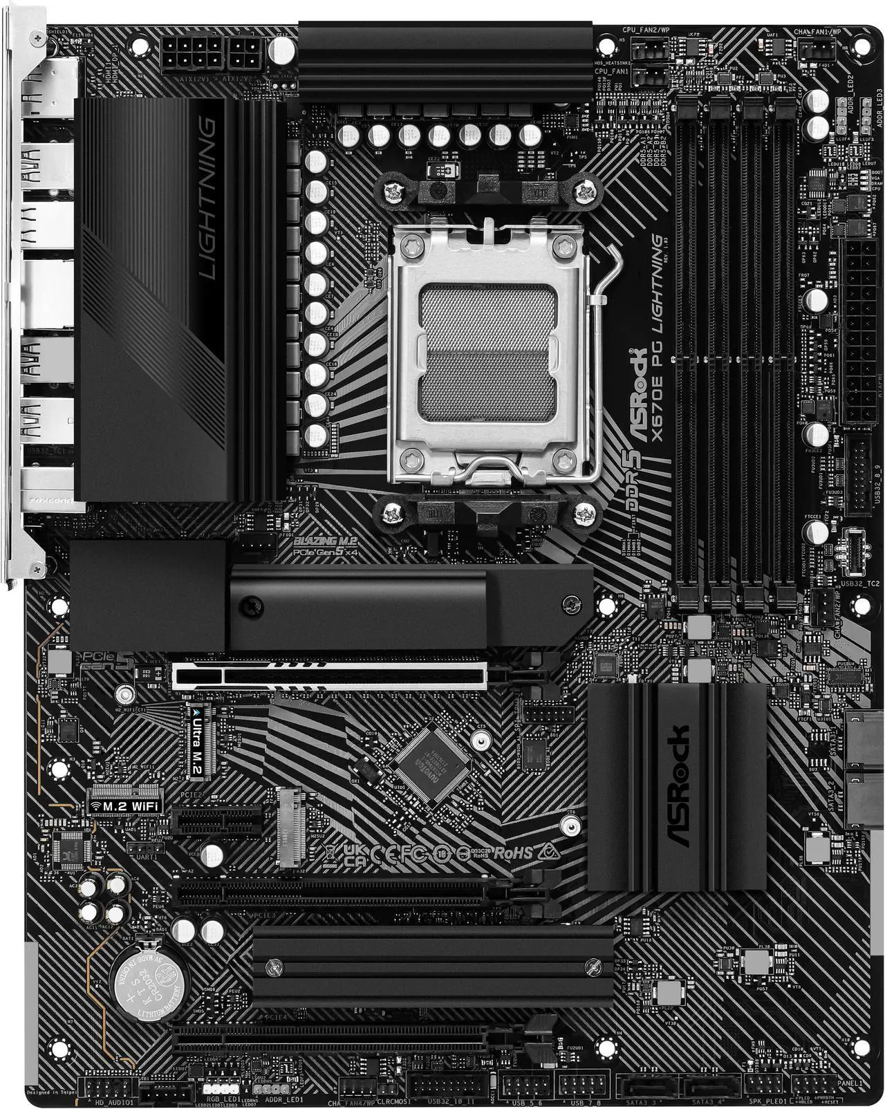 Alt view image 2 of 4 - ASRock X670E PG Lightning AM5 ATX Motherboard. 4xDDR5 slots, PCIE 5.0X16, AMD Cross Fire, Quad M.2 slots, 2.5GB LAN, 7.1 HD audio, HDMI, DP 1.4 ports, USB3.2 Gen2x2 Type-C, 8 Layer PCB.