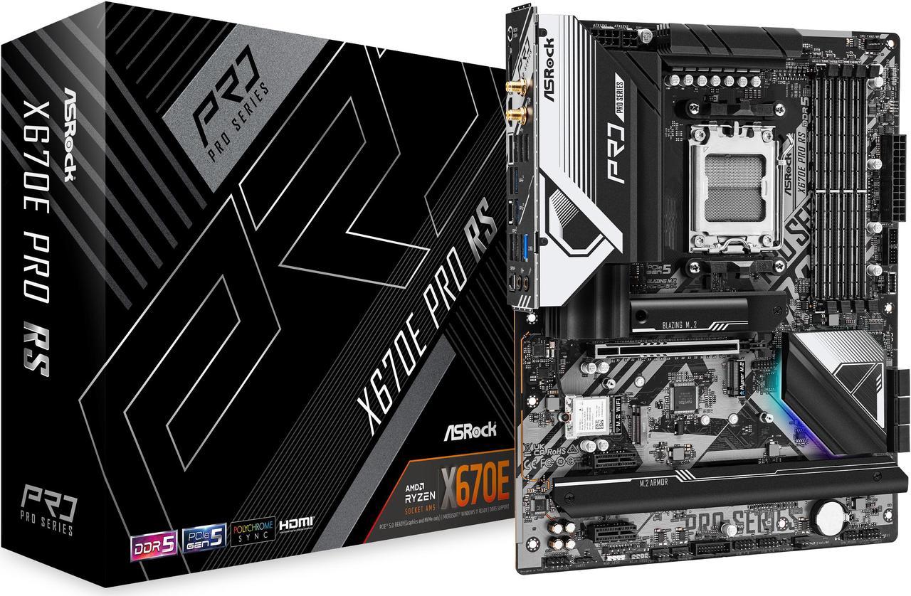 ASRock X670E PRO RS AM5 ATX Mainboard. 4xDDR5 slots, PCIE 5.0X16, AMD Cross Fire, 5xM.2 slots, 2.5GB LAN, WIFI-6E,  7.1 HD audio, HDMI 2.1, DP 1.4 ports, USB3.2 Gen2x2 Type-C, 8 Layer PCB, 14+2+1 Phase Power Design, SPS.