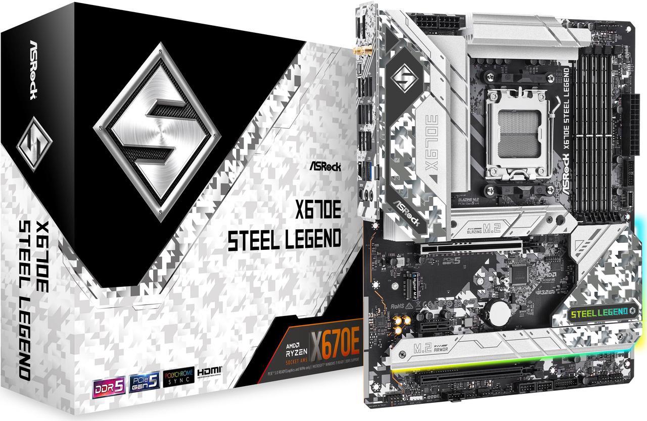 ASRock X670E Steel Legend AM5 ATX Motherboard. 4xDDR5 slots, PCIE 5.0X16, AMD Cross Fire, QuadM.2 slots, Dual LAN ports 1GB and 2.5GB , WIFI-6E,7.1 HD audio, HDMI 2.1, DP 1.4 ports