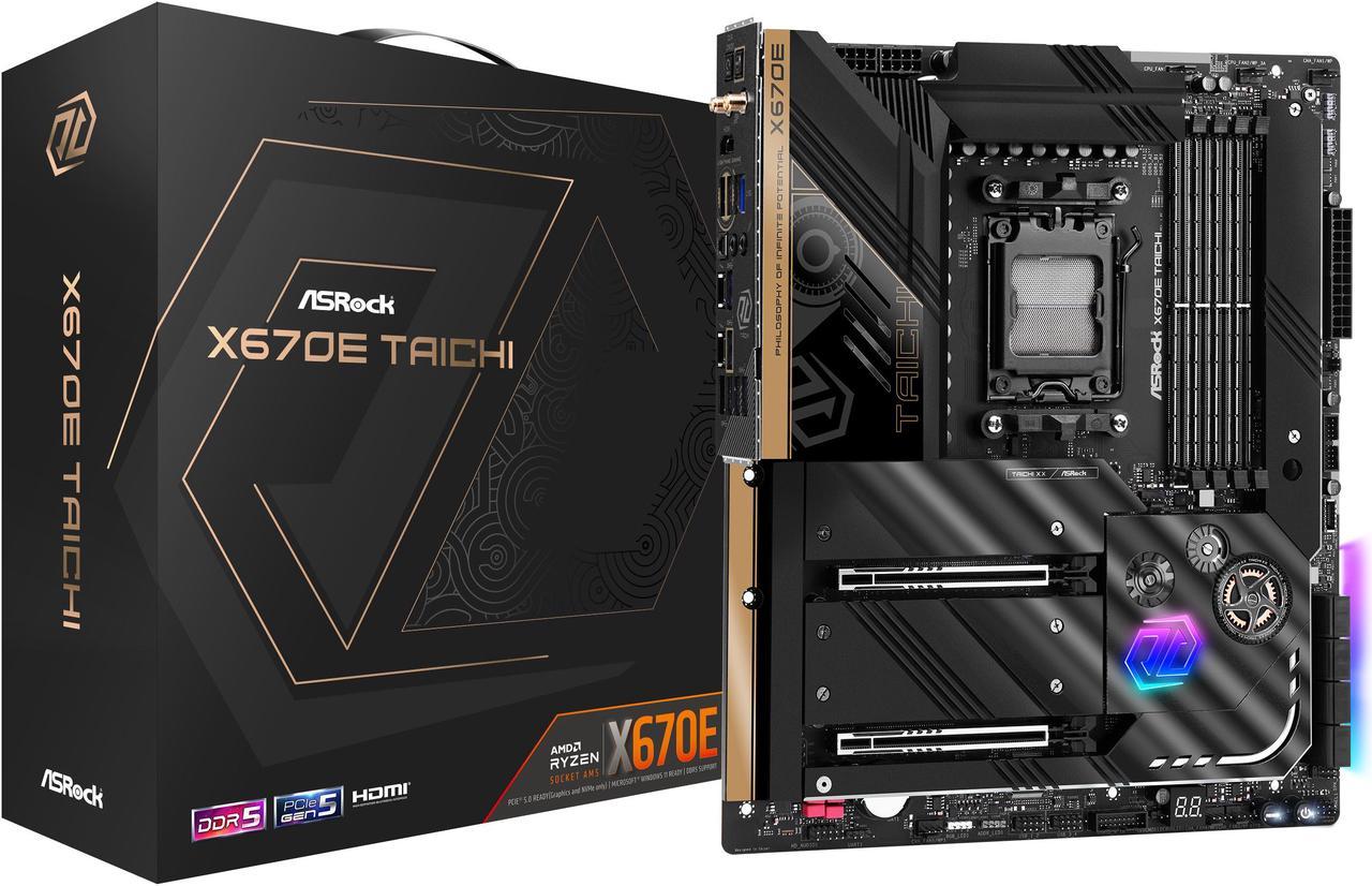 ASRock X670E Taichi AM5 EATX Motherboard. 4xDDR5 slots, 2 x PCIe 5.0 x16 Slots , AMD Cross Fire, Quad M.2 slots, 2.5GB LAN, WIFI-6E, 5,1 HD audio, HDMI 2.1, DP 1.4 ports, USB4 Type-C, 8 Layer PCB.