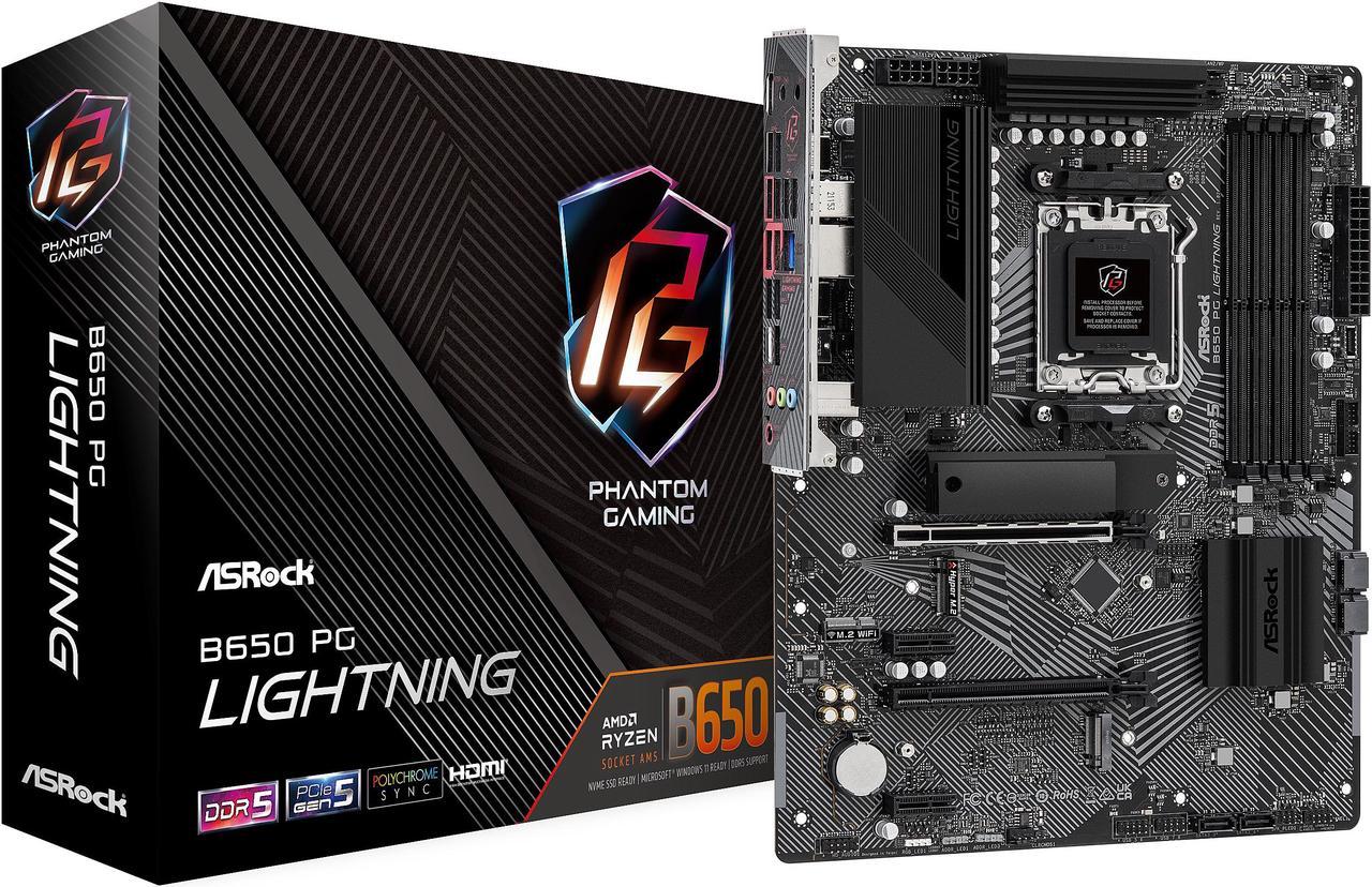 ASRock B650 PG LIGHTING AM5 ATX Motherboard, 4 slots DDR5, PCIE 4.0 x16,  3 M.2 slots,  2.5Gb Lan, 7.1 Nahimic Audio , Rear USB3.2 Gen2X2 Type_C ,  14+2+1 Power Phase, AMD CrossFire.