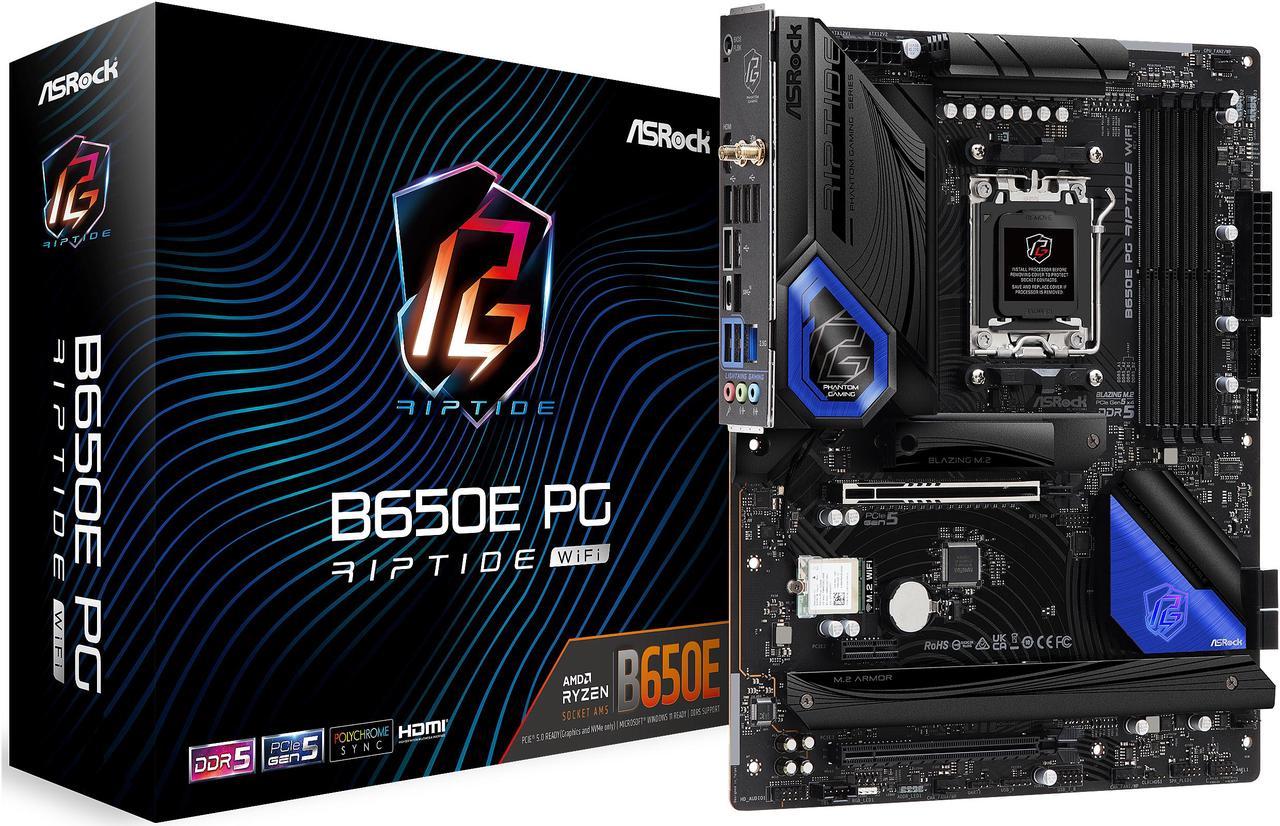 ASRock B650E PG RIPTIDE WIFI AM5 ATX Motherboard, 4 slots DDR5, PCIe 5.0 x16 Slot,  3 M.2 slots,  2.5Gb Lan, WI-FI 6E,  7.1 Nahimic Audio , Front  USB3.2 Gen2X2 Type_C ,  14+2+1 Power Phase