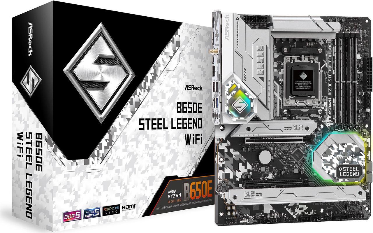 ASRock B650E STEEL LEGEND WIFI AM5 ATX Motherboard, 4 slots DDR5, PCIE 5.0 x16,   Dual M.2 slots,  2.5Gb Lan,WI-FI 6E,  7.1 Nahimic Audio , Front USB3.2 Gen2X2 Type_C ,  16+12+1 Power Phase