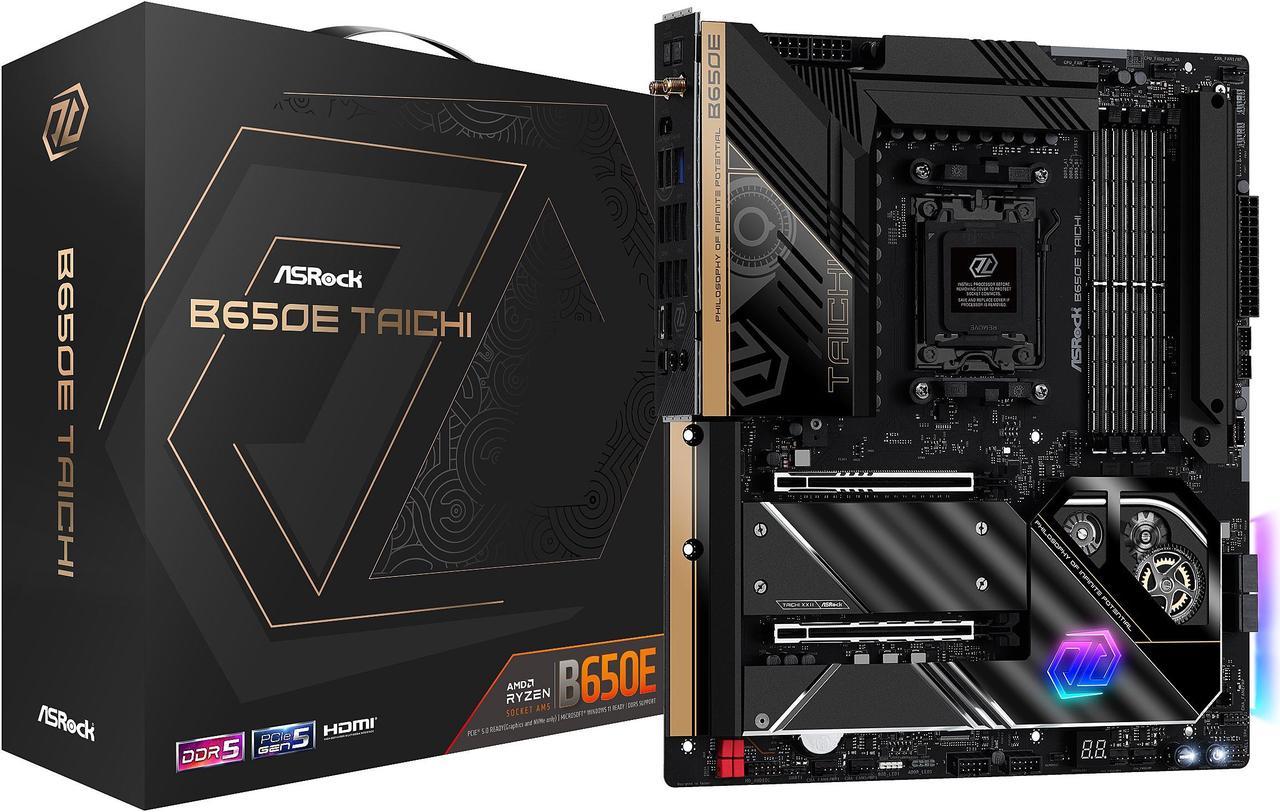 ASRock B650E TAICHI AM5 EATX Motherboard, 4 slots DDR5, PCIE 5.0 x16,  3 M.2 slots,  2.5Gb Lan,WIFI 6E,  HDMI 2.1 port, 5.1 audio ALC4082, 2 USB4 Thunderbolt Type-C  24+2+1 Power Phase, 8 layer PCB