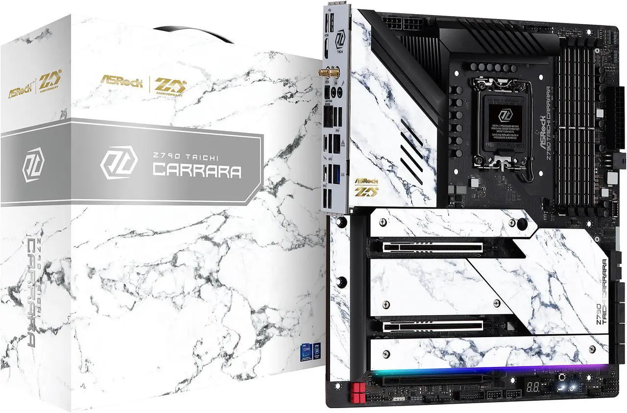 Main image of ASRock Z790 TAICHI CARRARA LGA1700 (14th,13th,12th Gen) EATX Mainboard, 4 slots DDR5, 2 PCIE 5.0 x16, 5 M.2 slots, 2.5Gb Lan, WIFI 6E, 5.1 audio ALC4082, Optical SPDIF port, 2 USB4 Thunderbolt Type-C, 24+1+2 Power Phase