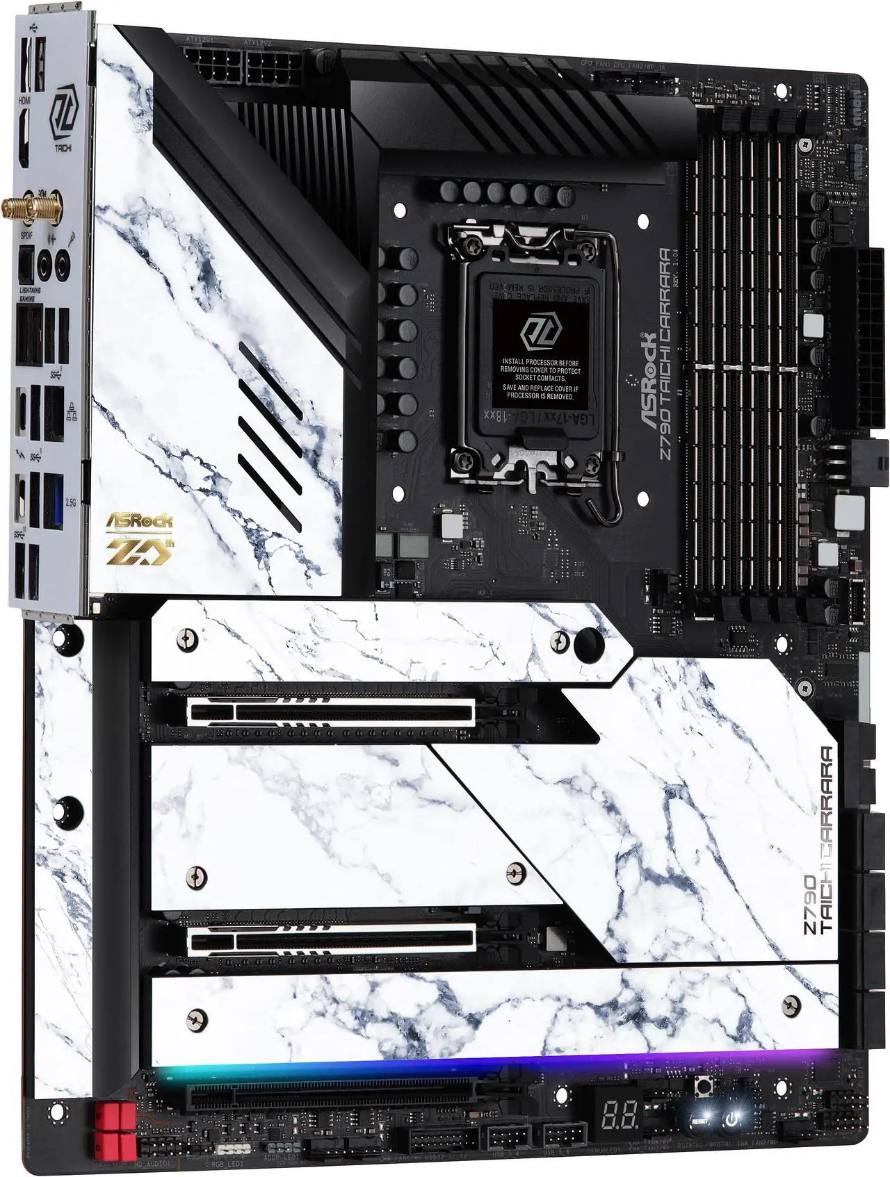 Alt view image 6 of 7 - ASRock Z790 TAICHI CARRARA LGA1700 (14th,13th,12th Gen) EATX Mainboard, 4 slots DDR5, 2 PCIE 5.0 x16, 5 M.2 slots, 2.5Gb Lan, WIFI 6E, 5.1 audio ALC4082, Optical SPDIF port, 2 USB4 Thunderbolt Type-C, 24+1+2 Power Phase