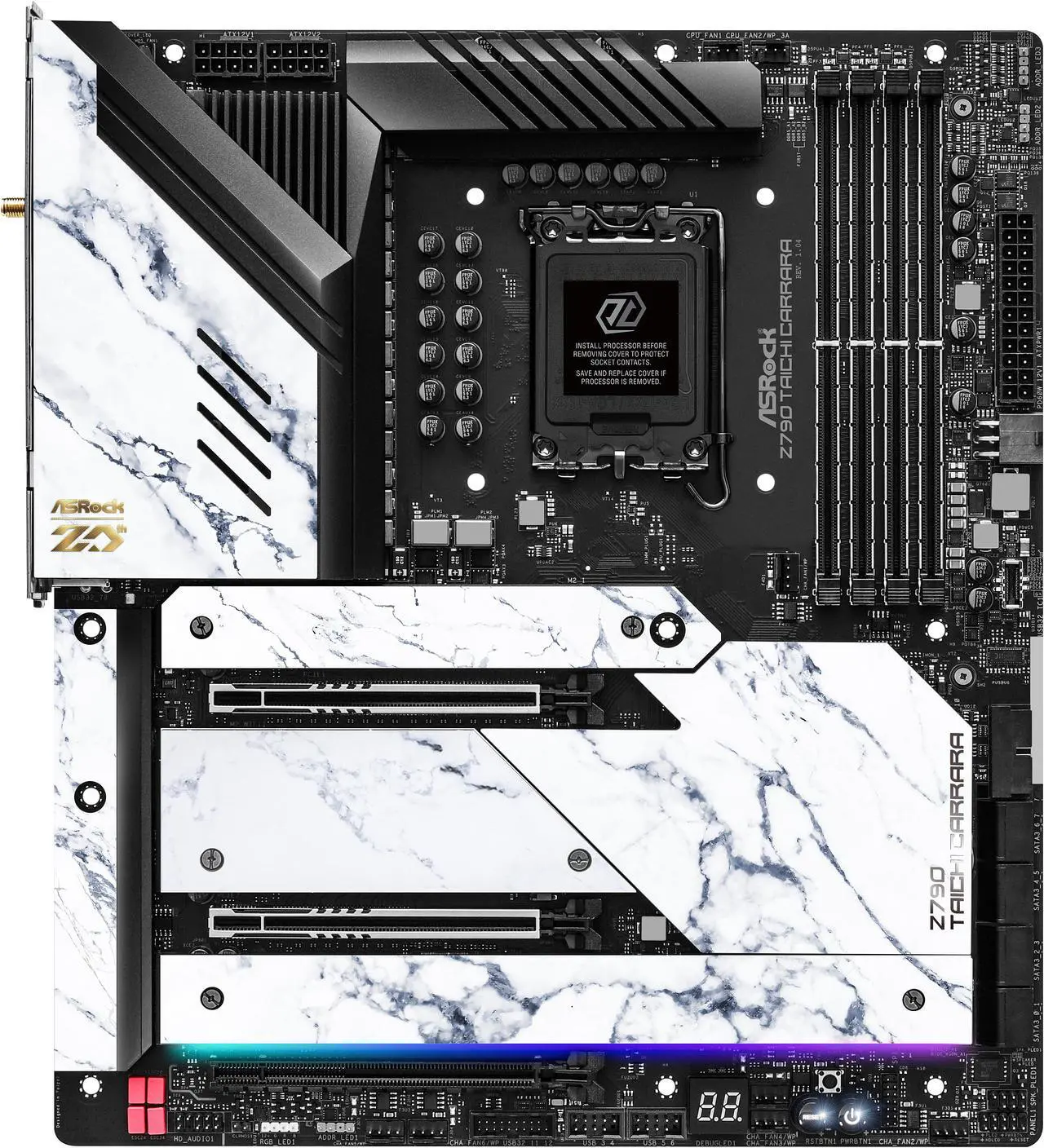 Alt view image 2 of 7 - ASRock Z790 TAICHI CARRARA LGA1700 (14th,13th,12th Gen) EATX Mainboard, 4 slots DDR5, 2 PCIE 5.0 x16, 5 M.2 slots, 2.5Gb Lan, WIFI 6E, 5.1 audio ALC4082, Optical SPDIF port, 2 USB4 Thunderbolt Type-C, 24+1+2 Power Phase
