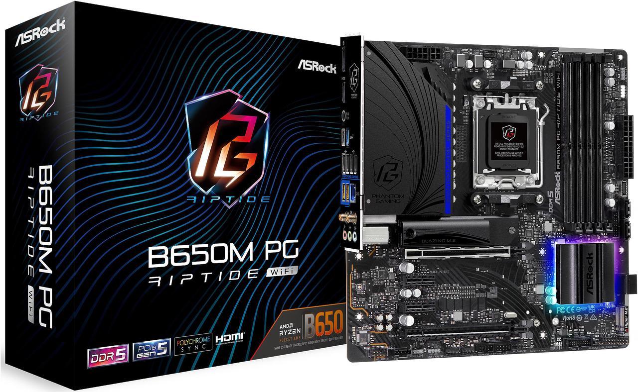 ASRock B650M PG RIPTIDE WIFI AM5 Micro-ATX Motherboard, 4 slots DDR5, 2x PCIe 4.0 x16 Slot,  Dual M.2 slots, 2.5Gb Lan, WI-FI AX,  7.1 Nahimic Audio ,  Rear  USB3.2 Gen2X2 Type_C ,  12+2+1 Power Phase