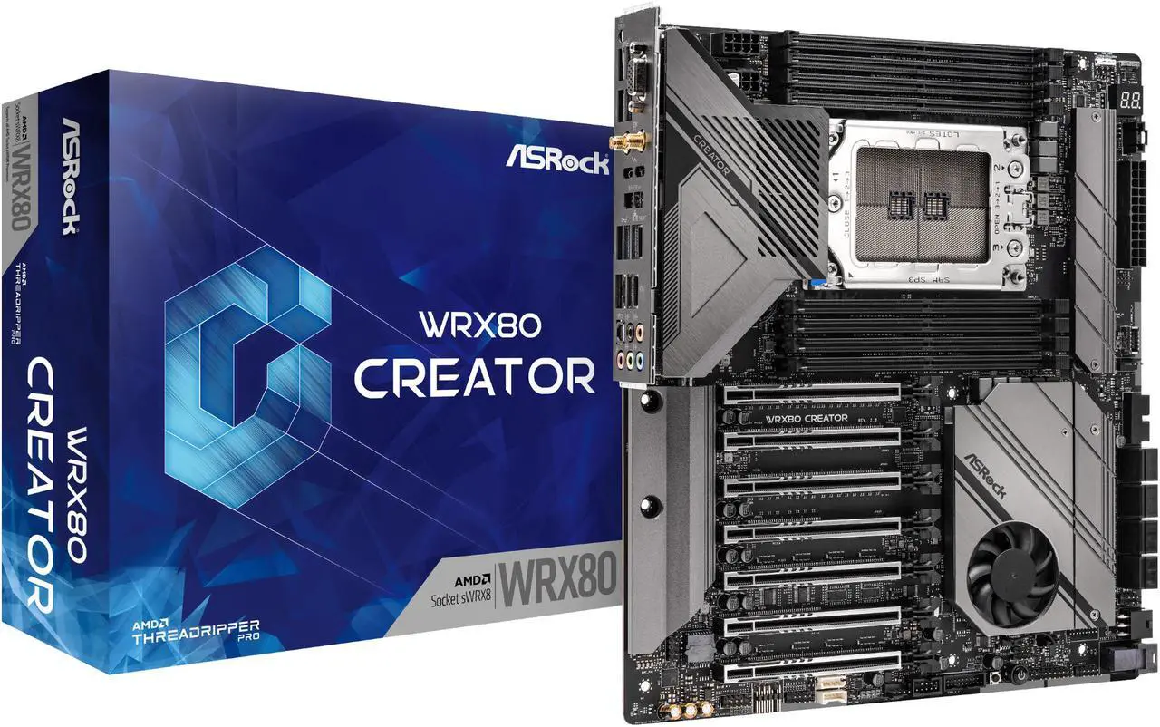 Main image of ASRock WRX80 CREATOR R2.0 AMD WRX80 SATA 6Gb/s Extended ATX AMD Motherboard EATX AMD Ryzen Threadripper PRO 3000WX/ 5000WX Dual 10Gbe LAN 1 Dedicated IPMI 2 Thunderbolt™ 4 Type-C