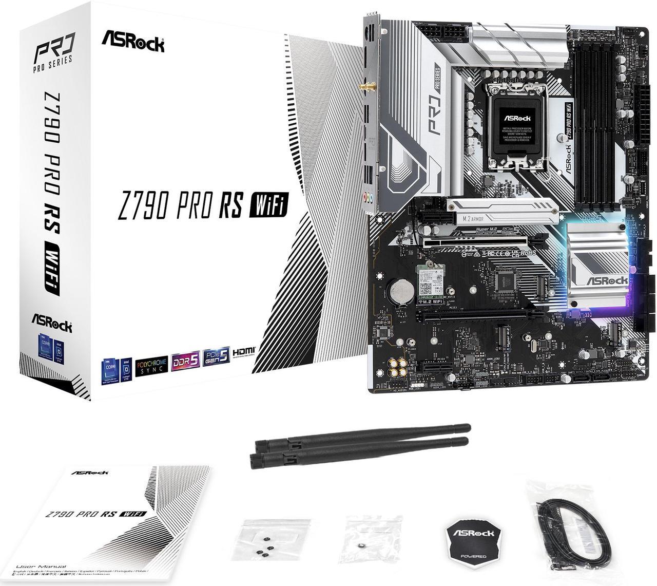 ASRock PRO Z790 PRO RS WiFi Intel LGA1700 (14th,13th,12th Gen) ATX Motherboard, 4 DDR5 Slots, PCIE 5.0x16, Realtek ALC897 7.1 CH, Dragon 2.5G LAN, WiFi 6E+Bluetooth, 8 SATA3, 4 Hyper M.2 (PCIe Gen4x4)