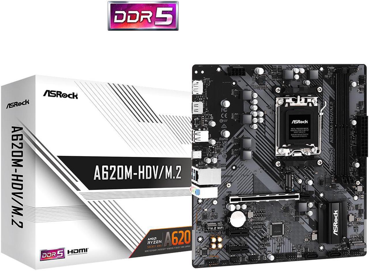 ASRock A620M-HDV/M.2 AM5 Micro ATX Motherboard, supports up to 65W  AM5 Ryzen™ 7000 Series Processors