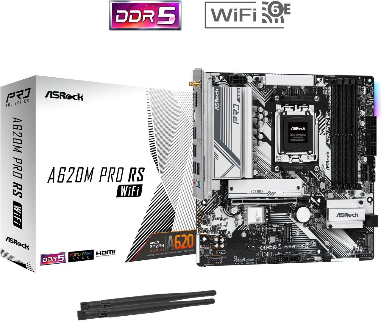 ASROCK Pro Series A620M PRO RS WIFI  DDR5 AM5 Ryzen 7000  Micro ATX  SATA3 6.0 Gb/s 1 x PCIe 4.0 x16 Slot (PCIE1)  7.1 CH HD Audio LAN  802.11ax Wi-Fi 6E + Bluetooth