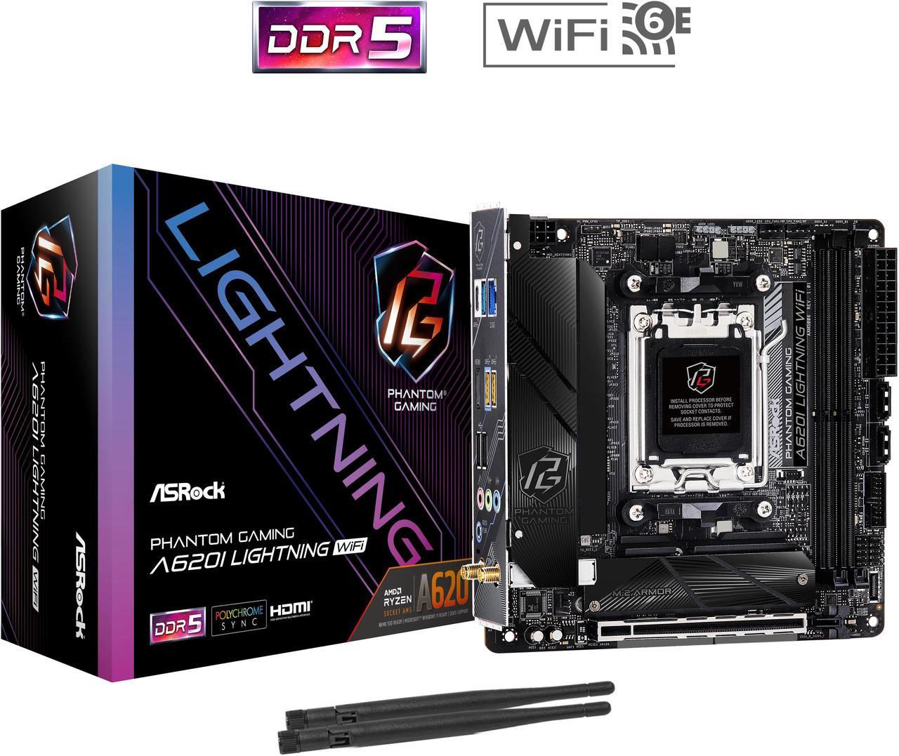 ASRock A620I LIGHTNING WIFI AM5 Ryzen7000 AMD A620 SATA 6Gb/s Mini-ITX  Dual Channel DDR5 - 2.5G LAN, 802.11ax Wi-Fi 6E Module PCIe 4.0 x16 Slot Motherboards - AMD