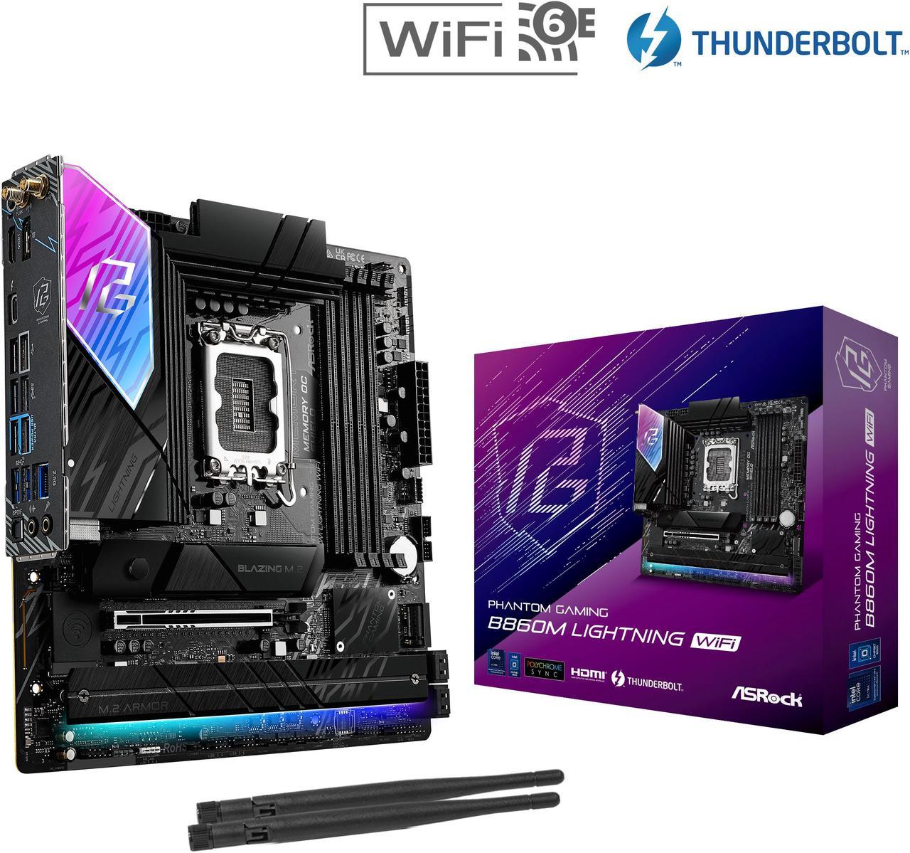 Main image of ASRock Phantom Gaming B860M Lightning WiFi LGA 1851 Intel B860 SATA 6Gb/s DDR5 Intel Core Ultra Micro ATX Motherboard