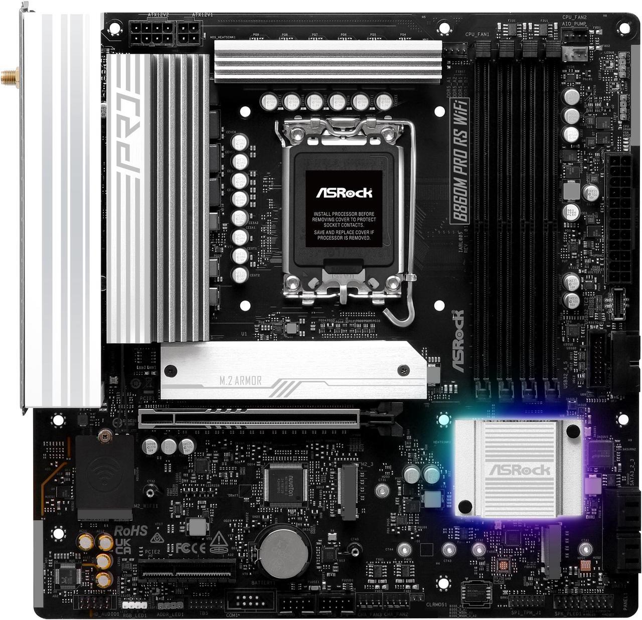 Alt view image 3 of 8 - ASRock B860M Pro RS WiFi LGA 1851 Intel B860 SATA 6Gb/s Intel Core Ultra DDR5 Micro ATX Motherboard