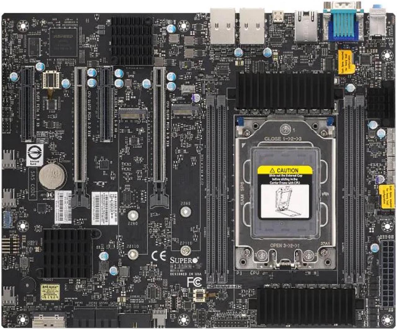 Main image of Supermicro H13SRA-F motherboard. AMD Ryzen™ Threadripper™ PRO 7000 WX-Series and Ryzen™ Threadripper™ 7000 Series Processors, Single socket sTR5, LGA-4844, Up to 350W TDP, Overclocking supported