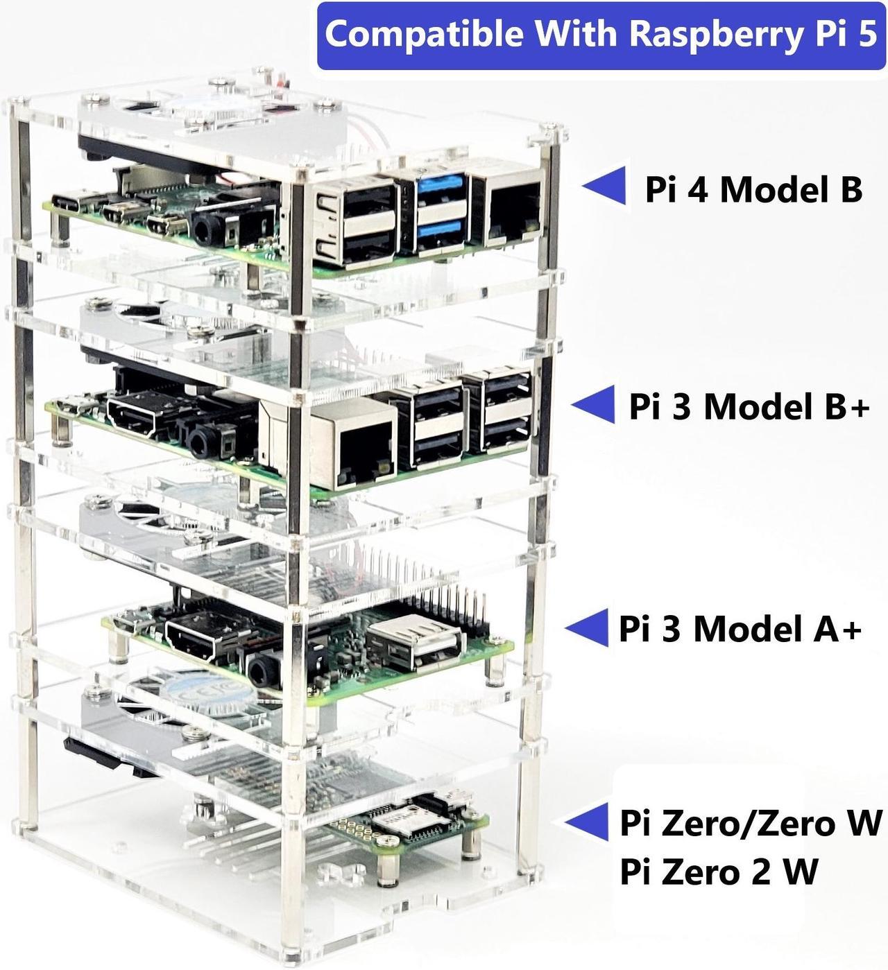 Micro Connectors Four (4) Layer Stackable Clear Acrylic Raspberry Pi 5, Pi 4 & Pi 3 Cases with Fans and Heatsinks (RAS-PCS46)