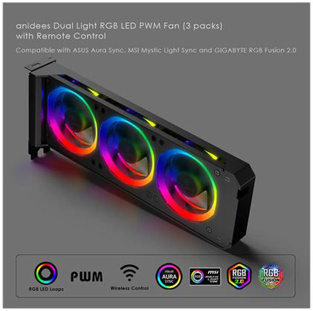 Alt view image 5 of 7 - Anidees Graphic Card Cooler 3 x 80mm PWM Fan, Support ASUS Aura SYNC/MSI Mystic Sync/ASROCK Aura RGB/GIGABYTE RGB Fusion (5V 3-Pin Addressable Headers ONLY) PCI Mount Bracket with Remote - AI-GP-CL
