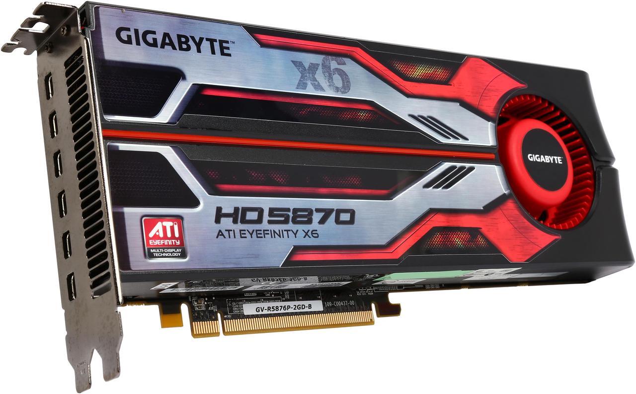Main image of GIGABYTE  GV-R5876P-2GD-B  Radeon HD 5870 (Cypress XT)  2GB  256-Bit  GDDR5  PCI Express 2.1 x16  HDCP Ready CrossFireX Support Eyefinity 6 Edition Video Card Factory Refurbished