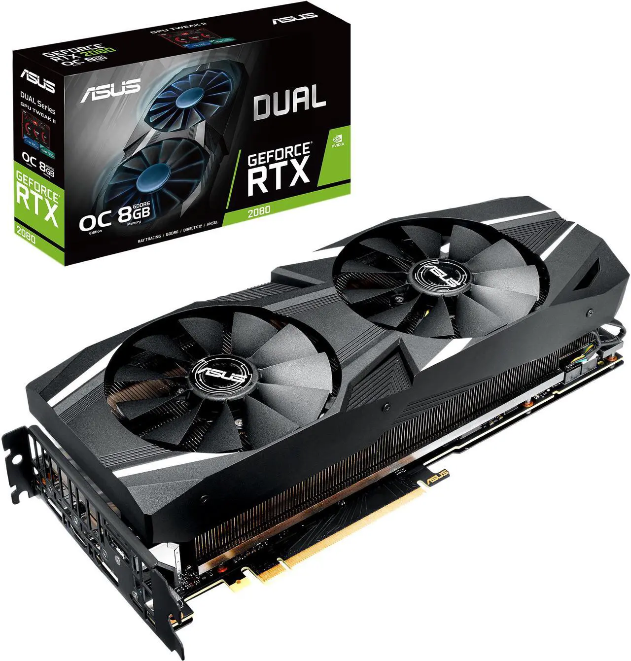 Main image of ASUS GeForce RTX 2080 Overclocked 8G GDDR6 Dual-Fan Edition VR Ready HDMI DP 1.4 USB Type-C Graphics Card (DUAL-RTX2080-O8G)